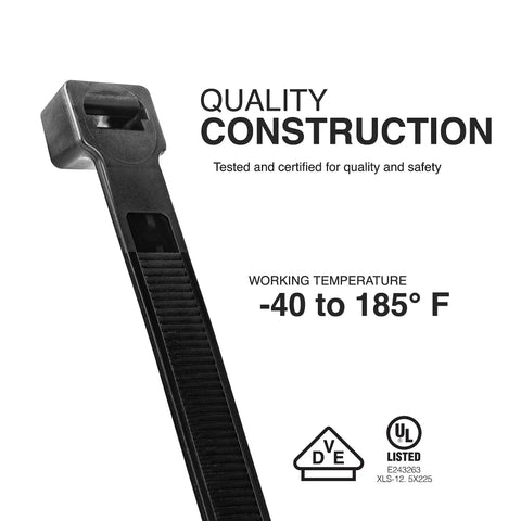 Ultra Heavy Duty UV Cable Ties Set Of 50, 250 Lb Tensile Strength, 8.9 Inch Black Nylon Tie Straps, certified -40 to 185°F