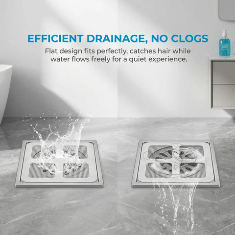 Image showing two flat drain hair catcher stickers, one with water flowing over, emphasizing Fifty Pack Disposable Shower Drain Hair Catcher Stickers With Tough Adhesive Mesh Filter Snags Up Strand And Gunk Before Clogging Pipes Keeps Your Bathroom Sink Runnin Smooth And Clear.