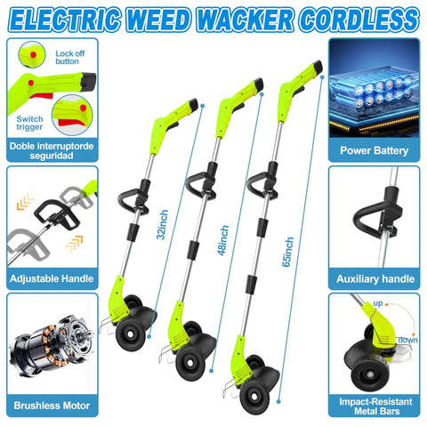 Cordless Weed Wacker 12V Battery Powered With 65 Inch Adjustable Pole Lightweight 3.72 Lb Grass Trimmer Edger Mower All In One Yard Tool