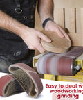 Heavy Duty 36 Pack 4X24 Sanding Belts Aluminum Oxide Abrasive Strips Assorted Grits 80 120 150 shown with a woodworking project.