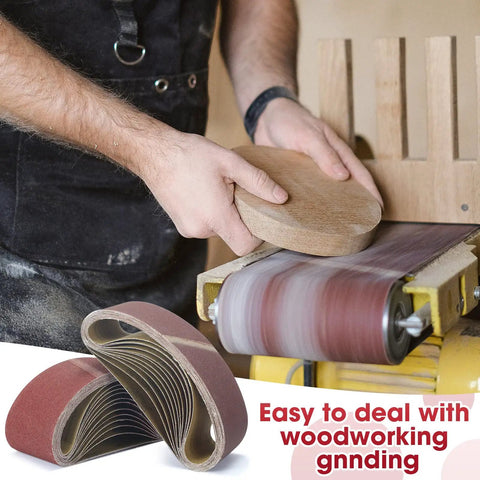 Heavy Duty 36 Pack 4X24 Sanding Belts Aluminum Oxide Abrasive Strips Assorted Grits 80 120 150 shown with a woodworking project.