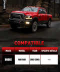 Red Dodge Ram 1500 4WD 2002-2005 compatibility chart, front view on forest road, features 12pc suspension kit details.