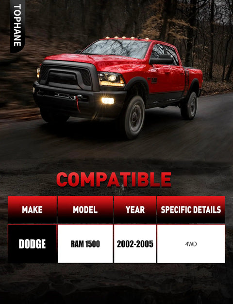 Red Dodge Ram 1500 4WD 2002-2005 compatibility chart, front view on forest road, features 12pc suspension kit details.