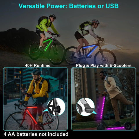2 Pack LED Bike Lights For Night Riding With 47 Flashing Modes, Colorful Battery Box Powered Smart Scooter And Electric Skateboard Lights, Easy No Tool Adhesive Mount, Safe Visibility, Fun Style