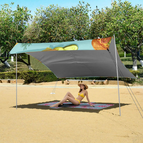 9x10ft Beach Tent Sun Shelter with Pickle Pizza design, UPF 50+, canopy with two poles, setup on sand, woman relaxing underneath.