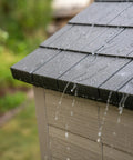 Close-up of water-resistant roof of Desert Sand Outdoor Storage Shed 15x8 Ft Resin Backyard Tool Shed with Lockable Doors