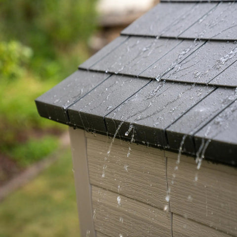 Close-up of water-resistant roof of Desert Sand Outdoor Storage Shed 15x8 Ft Resin Backyard Tool Shed with Lockable Doors