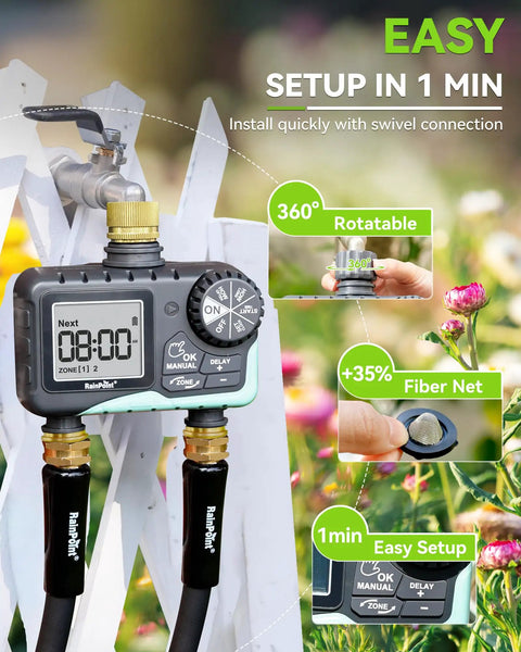 Two Zone Sprinkler Timer With Brass Inlet And Outlet For Garden Hose All In One Watering System With Rain Delay Manual Watering And Automatic Irrigation Controller For Your Yard Lawn And Garden Blue installation
