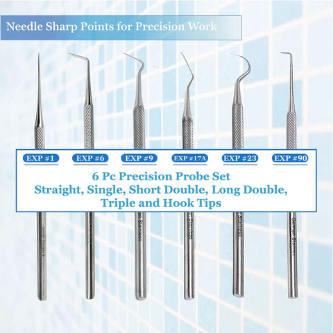 Six Piece Stainless Steel Precision Micro Probe Kit With 5.5 Inch Overall Length, Includes Number 1, Number 6, Number 17, Number 23 Probes, Double Bend Long And Short, Non Slip Handles, Carrying Case