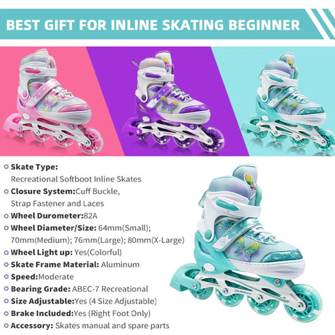 Girls Inline Skates For Kids Ages 3 To 12, 4 Size Adjustable Roller Shoes With Light Up Wheels, Cute Butterfly Design