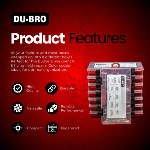 Stacked view of All-In-One 4-40 Hardware Kit With 228-Piece Fastener Set in a color-coded plastic case with product features.