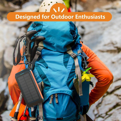 Ultra High Capacity Solar Power Bank 49800mAh Portable Charger With Dual USB A And Type C Ports 15W Fast Charging on backpack