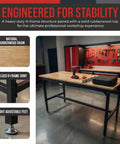 Badass 70 Inch Adjustable Workbench Featuring Rock Solid 2500 Pound Steel Frame And Built In Rolling Cabinet Storage for workshop use.