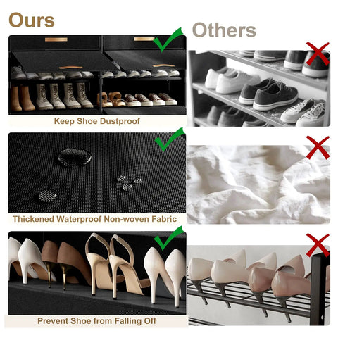 Comparison of 42 Pair Shoe Storage Cabinet With Doors to other organizers, highlighting dustproof, waterproof, and anti-slip features.