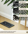 Cast Iron Victorian Style Air Vent Cover for 6x10 Floor Register with Adjustable Damper Lever, Black, placed on wooden floor