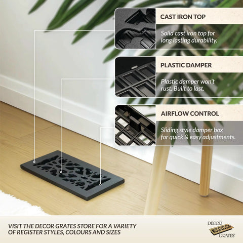 Cast Iron Victorian Style Air Vent Cover for 6x10 Floor Register with Adjustable Damper Lever, Black, placed on wooden floor