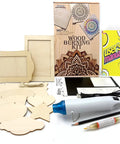 Beginner Friendly Wood Burning Kit With Markers Heat Gun Wood Slices Stencils Transfer Paper Pencil And Plaques displayed