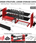 Power Tool Organizer Wall Mount With Drill Rack, Grinder Holder, Hammer And Pliers Rack, Locking Drawers, 6 Outlet Charging Shelf shown with dimensions