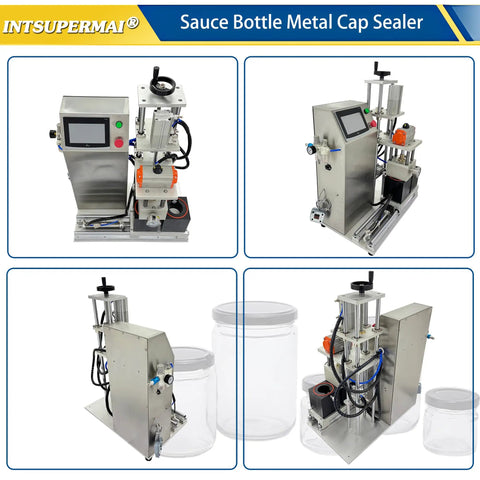 Kick Up Your Sauce Game With This Reliable Dual Head Vacuum Jar Sealer Featuring Quick Touch Controls And Smooth Height Adjustments For Zero Hassle Canning And Lasting Fruit Storage 110V - metallic cap sealer with touch screen and tubing for sauce bottles.