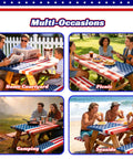 All American Patriotic Picnic Table Cover Set with Bench Covers American flag design in use for picnic, camping, and seaside settings.