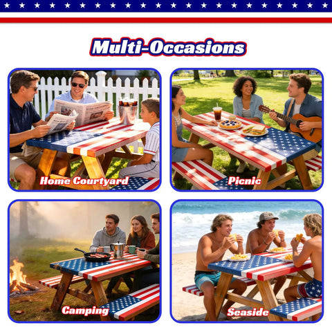 All American Patriotic Picnic Table Cover Set with Bench Covers American flag design in use for picnic, camping, and seaside settings.