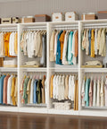 Rock Solid 8 Foot Modular Closet Organizer With 12 Hanging Rods And Extra Wall Shelf No Fuss DIY Assembly For Walk In Bedroom Storage Flexible White Layout Game Changer For Small Spaces, showcasing organized clothes.
