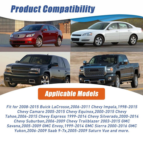 Product compatibility collage featuring Buick LaCrosse, Chevy Tahoe, Impala, Silverado models for Solid Plug Engine Coolant Temperature Sensor With Pigtail Connector For Chevy Tahoe Silverado GMC Sierra Yukon Buick LaCrosse Zero Hassle Install Runs Like A Dream Smooth Sailing Guaranteed.