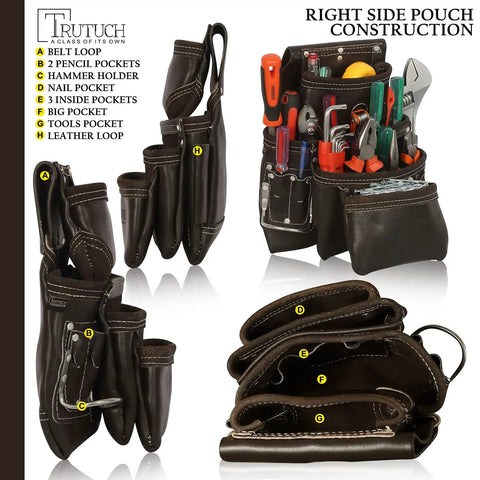 Premium Grain Leather Tool Belt With 19 Pockets And Padded Belt Carpenter Rig Set Hammer Holders Electrician Bag Construction Framing Pouch In Chocolate, right side pouch details