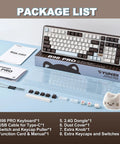 Clean 96 Percent Layout Wireless Mechanical Keyboard With Hot Swappable Switches And Playful Cat Metal Knobs Dedicated Number Pad For Slick Typing And Sweet Gaming Sessions In A Dope Coffee Brown Finish package contents including keyboard, cable, manual, and tools.