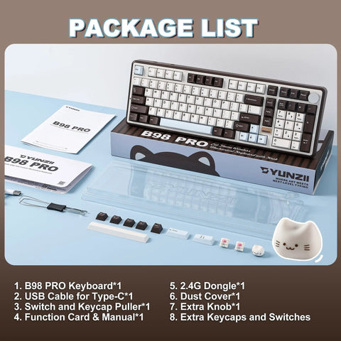 Clean 96 Percent Layout Wireless Mechanical Keyboard With Hot Swappable Switches And Playful Cat Metal Knobs Dedicated Number Pad For Slick Typing And Sweet Gaming Sessions In A Dope Coffee Brown Finish package contents including keyboard, cable, manual, and tools.