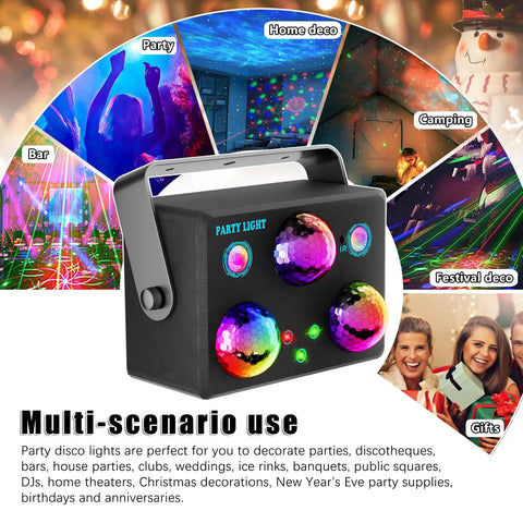RGB Sound Activated Disco Light With Remote Control, LED Strobe Stage Lights for parties shown with vibrant color effects