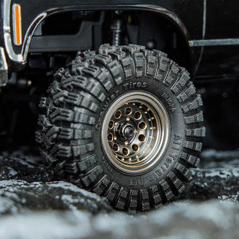 Beadlock Wheel Rims For 1/24 And 1/18 RC Crawlers, Brass Weight, Black Coated, 39g Per Wheel, Negative 2.65mm Offset, on terrain