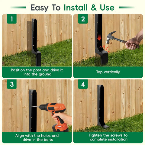 Installation steps for Battle Ready Four Pack Fence Post Repair Kit With One Piece Galvanized Steel Anchors And Rust Resistant Stakes.