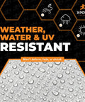 Close-up of Heavy Duty 10x15 Poly Tarp 10 Mil Thick Waterproof UV Blocking Outdoor Cover with water droplets indicating weather resistance.