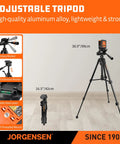 Pro Grade Laser Level With Tripod, 100 Ft Range, Dual Module Self Leveling Cross Line, Vertical And Horizontal Lines, 360 Degree Magnetic Base, Green Laser For Picture Hanging, Tile, Home Renovation, Indoor Projects, shown with adjustable tripod extended and compact features highlighted