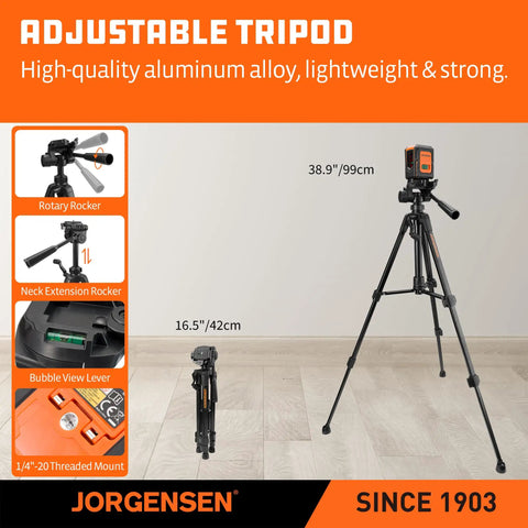 Pro Grade Laser Level With Tripod, 100 Ft Range, Dual Module Self Leveling Cross Line, Vertical And Horizontal Lines, 360 Degree Magnetic Base, Green Laser For Picture Hanging, Tile, Home Renovation, Indoor Projects, shown with adjustable tripod extended and compact features highlighted