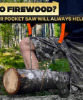 Person using Go To Pocket Rope Saw For Trees, 25.5 Inch Folding Chain Saw With 11 Teeth, cutting a log in a forest