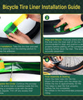 Bicycle tire liner installation guide showing steps for using Self Adhesive TPU Bike Tire Liner Inner Tube Flat Protector.