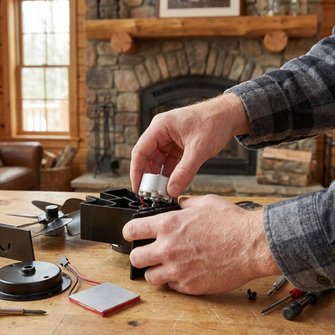Heat Powered Fireplace Fan Replacement Motor Repair Kit For Wood Stoves And Electric Stove Fans Quiet And Built Tough Durable Metal Motor Easy Install Noise Reduction Fits Most Stove Fans, hands installing motor
