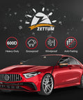 Car Windshield Cover For Ice And Snow 70 X 50 Inch on red car with heavy-duty 600D material, symbols showing snowproof, windproof.