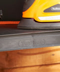 Close-up of shelf edge with VonHaus logo on 52 Inch Four Shelf Shelving Unit Black Beefy Heavy Duty Metal Rack Refurbished And Tested Like New