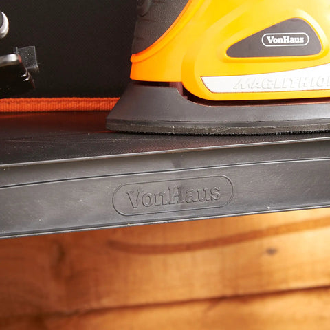 Close-up of shelf edge with VonHaus logo on 52 Inch Four Shelf Shelving Unit Black Beefy Heavy Duty Metal Rack Refurbished And Tested Like New