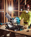 Beefy 10 Inch Slide Compound Miter Saw With 4500 RPM Direct Drive Motor in use at construction site, demonstrating precise cuts