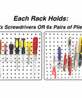 Two Pack Pegboard Screwdriver And Pliers Holder showing 7 screwdrivers and 6 pliers organized on pegboard hooks.