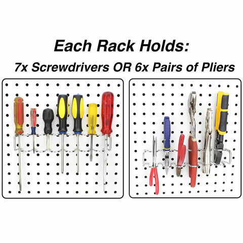 Two Pack Pegboard Screwdriver And Pliers Holder showing 7 screwdrivers and 6 pliers organized on pegboard hooks.