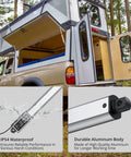 Compact Mini Linear Actuator With 4 Inch Stroke And 64 Newtons Of Raw Power shown on truck bed camper, featuring IP54 waterproof and aluminum body.
