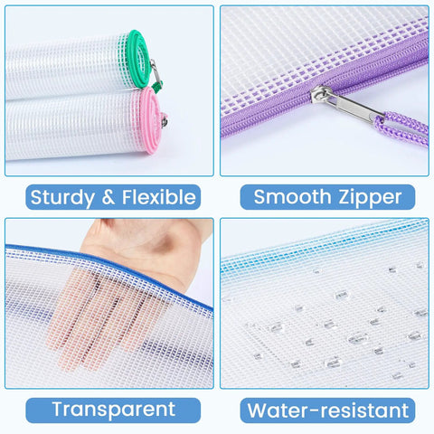 Mesh Zipper Pouch Bags 20 Pack With Label Pockets Waterproof A4 Letter Size Document Organizers details