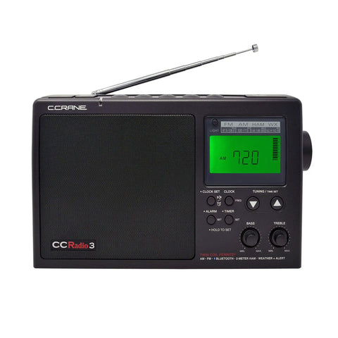 Long Range AM FM Portable Digital Radio With NOAA Weather Alerts And Bluetooth 2 Meter Ham Band Compatibility Twin Coil Ferrite Antenna For Superior AM Reception And Clear FM Built For Home Or Backcountry Use, showing front view with display and controls.