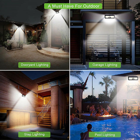 Crazy Bright Solar Outdoor Flood Lights With 268 LEDs, 4000 Lumens illuminating different outdoor areas including a pool, garage, and stairs.