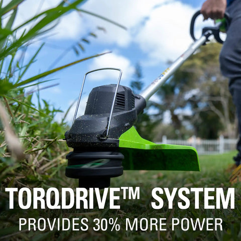 40V Cordless String Trimmer Featuring Brushless Motor, 15 Inch Cutting Path, Includes 2.5Ah Battery And Charger, close-up of head and blade in use.